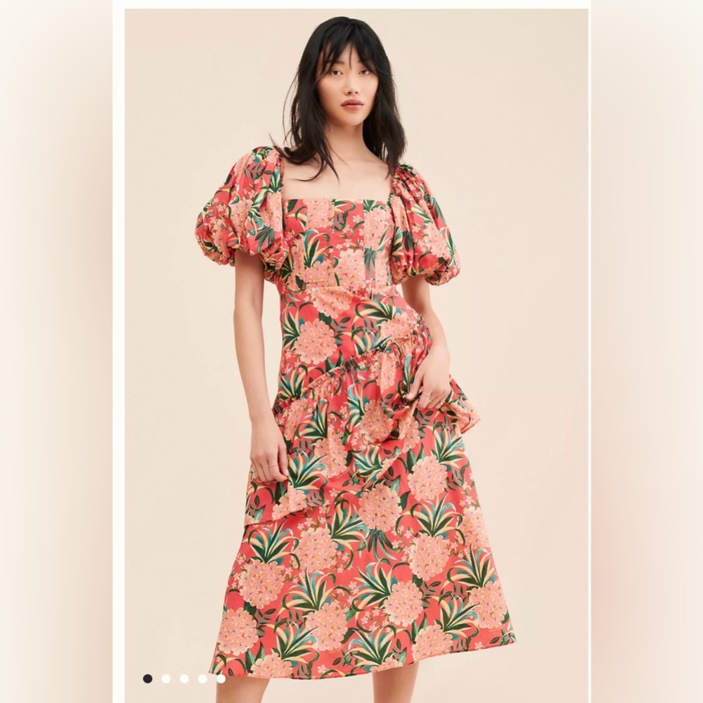 FARM Rio Pineapple Bloom Vibrant Red Cut-Out Midi Dress